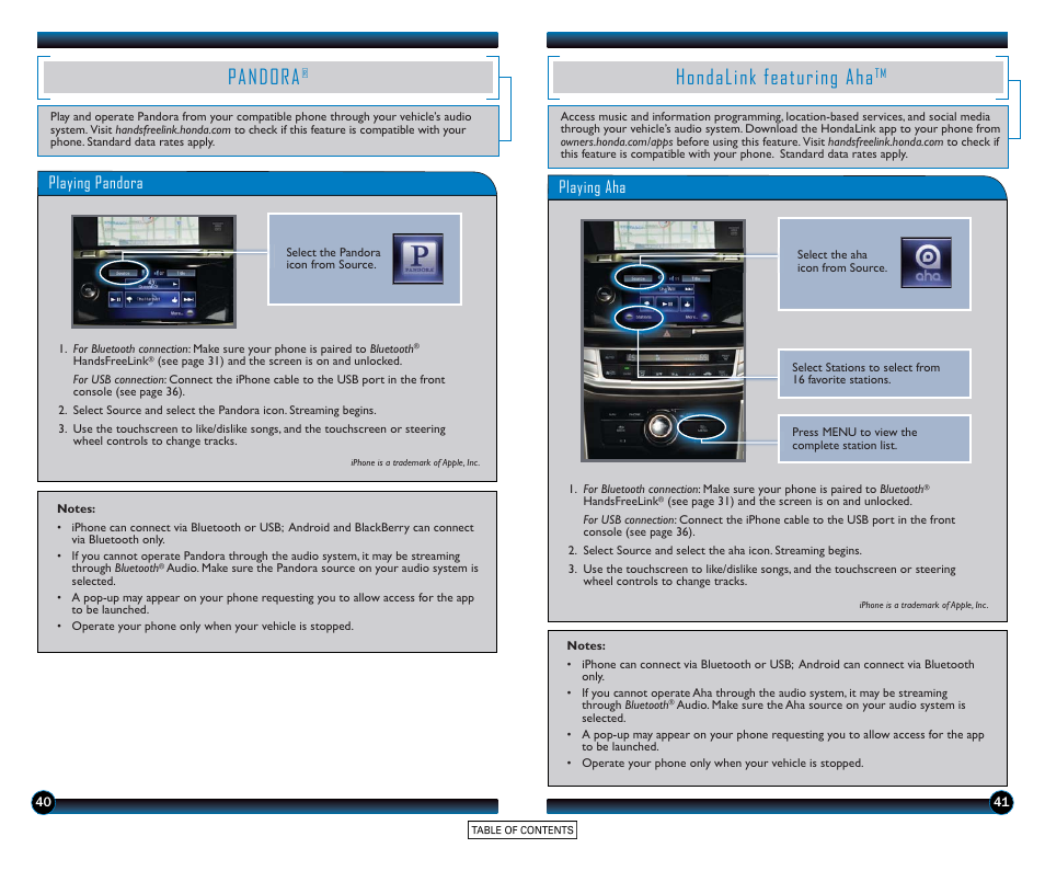 Pandora, Hondalink featuring aha, Playing pandora | Playing aha | HONDA 2015 Accord Sedan (Touring) - Technology Reference Guide User Manual | Page 22 / 24