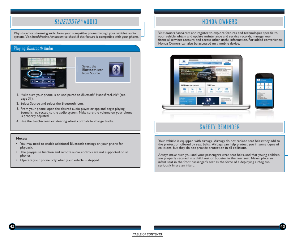 Bluetooth, Audio, Honda owners safety reminder | Honda owners, Safety reminder | HONDA 2015 Accord Sedan (Touring) - Technology Reference Guide User Manual | Page 23 / 24