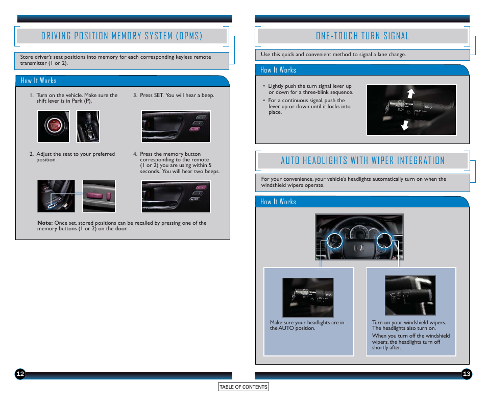 One-touch turn signal, Auto headlights with wiper integration | HONDA 2015 Accord Sedan (Touring) - Technology Reference Guide User Manual | Page 8 / 24