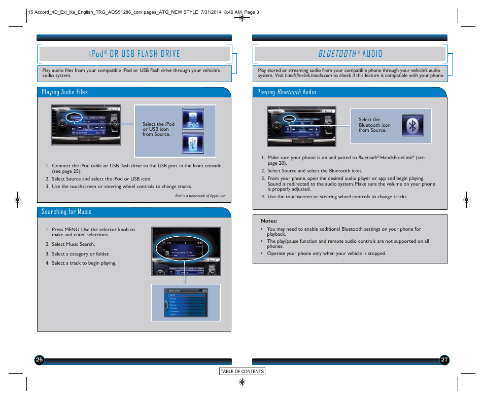 Ipod, Or usb flash drive, Bluetooth | Audio | HONDA 2015 Accord Sedan (EX-L) - Technology Reference Guide User Manual | Page 15 / 18