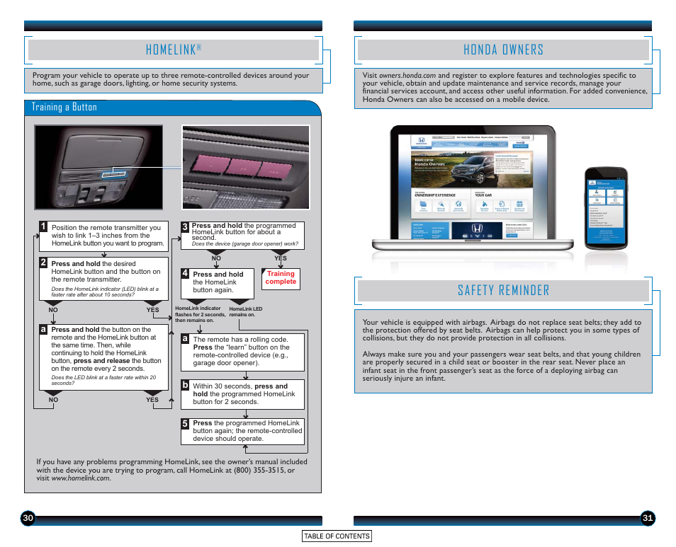 Homelink, Honda owners safety reminder, Honda owners | Safety reminder, Training a button | HONDA 2015 Accord Sedan (EX-L) - Technology Reference Guide User Manual | Page 17 / 18