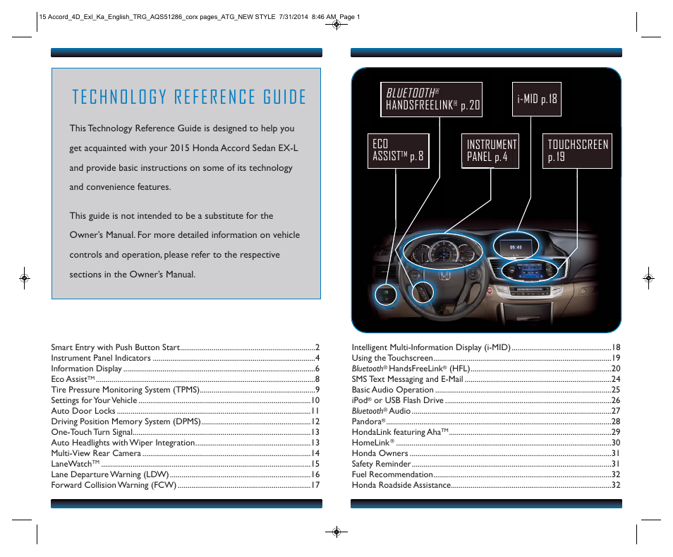 Bluetooth, Touchscreen p. 19, Handsfreelink | P. 20 eco assist, P. 8 instrument panel p. 4, I-mid p. 18 | HONDA 2015 Accord Sedan (EX-L) - Technology Reference Guide User Manual | Page 2 / 18