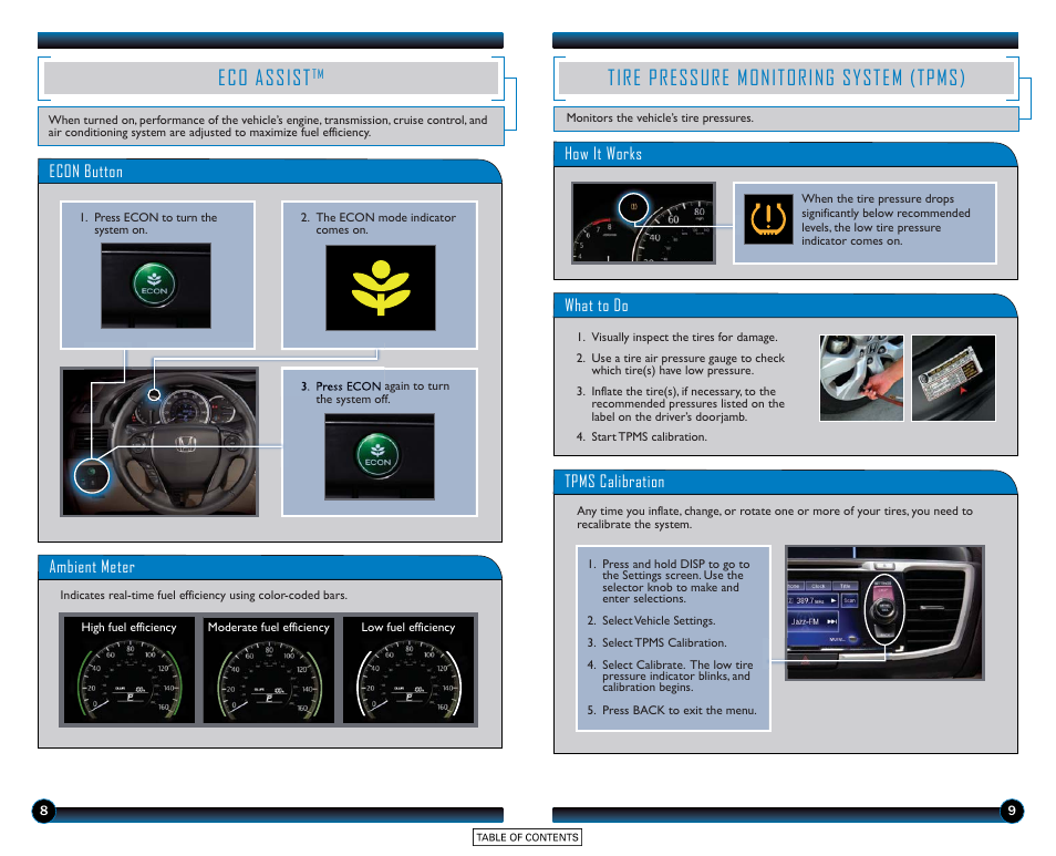 Eco assist, Tire pressure monitoring system (tpms) | HONDA 2015 Accord Sedan (EX-L) - Technology Reference Guide User Manual | Page 6 / 18
