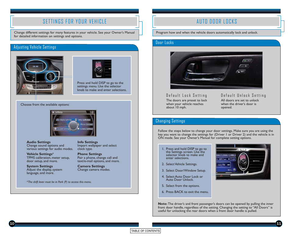 Setti ngs for your vehicle auto door locks, Settings for your vehicle, Auto door locks | HONDA 2015 Accord Sedan (EX-L) - Technology Reference Guide User Manual | Page 7 / 18