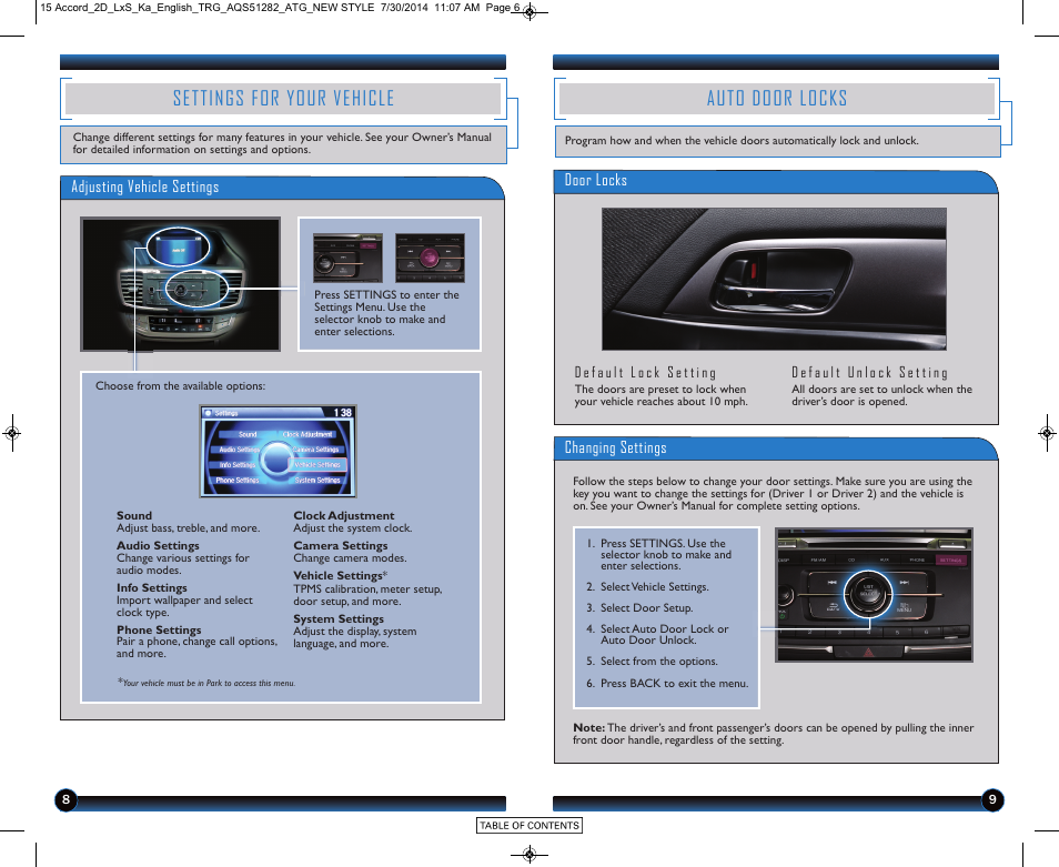 Settings for your vehicle auto door locks, Settings for your vehicle, Auto door locks | HONDA 2015 Accord Coupe (LX-S) - Technology Reference Guide User Manual | Page 6 / 13