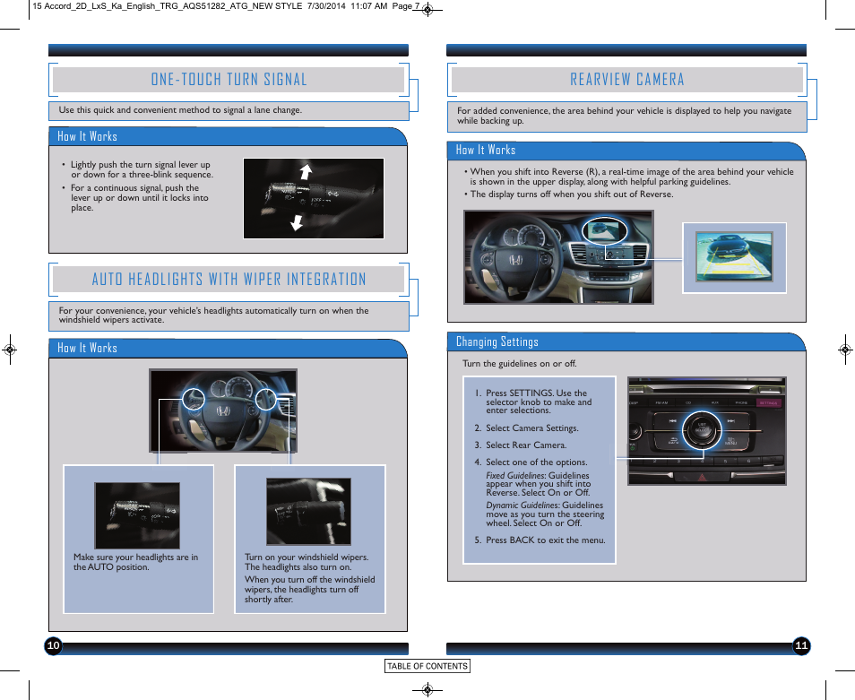 One-touch turn signal, Auto headlights with wiper integration, Rearview camera | HONDA 2015 Accord Coupe (LX-S) - Technology Reference Guide User Manual | Page 7 / 13