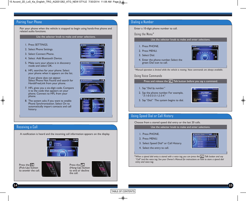 Pairing your phone, Receiving a call, Dialing a number | Using speed dial or call history | HONDA 2015 Accord Coupe (LX-S) - Technology Reference Guide User Manual | Page 9 / 13