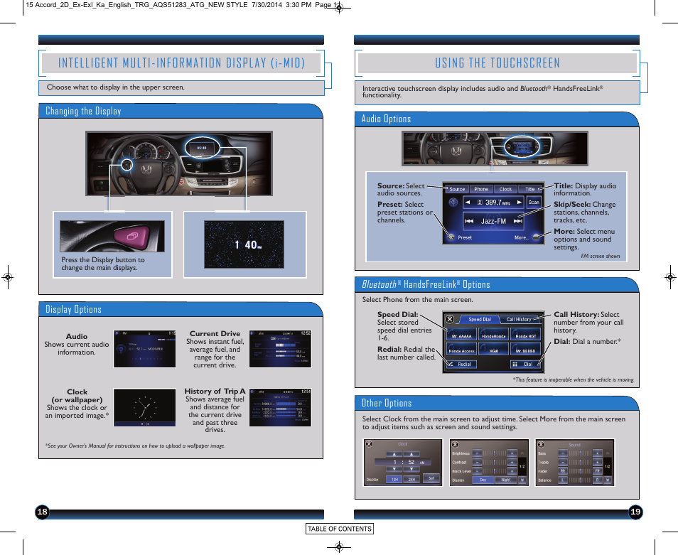 Using the touchscreen, Intelligent multi-information display (i-mid), Display options | Changing the display, Audio options bluetooth, Handsfreelink, Options other options | HONDA 2015 Accord Coupe (EX and EX-L) - Technology Reference Guide User Manual | Page 11 / 18