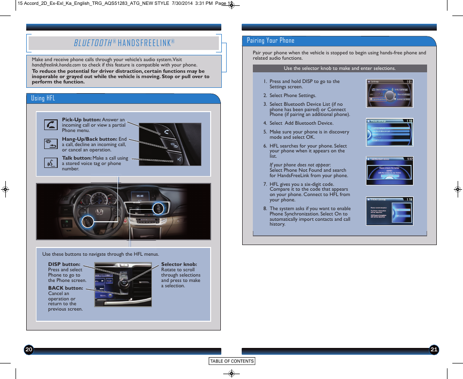 Bluetooth, Handsfreelink, Hfl) | Using hfl, Pairing your phone | HONDA 2015 Accord Coupe (EX and EX-L) - Technology Reference Guide User Manual | Page 12 / 18