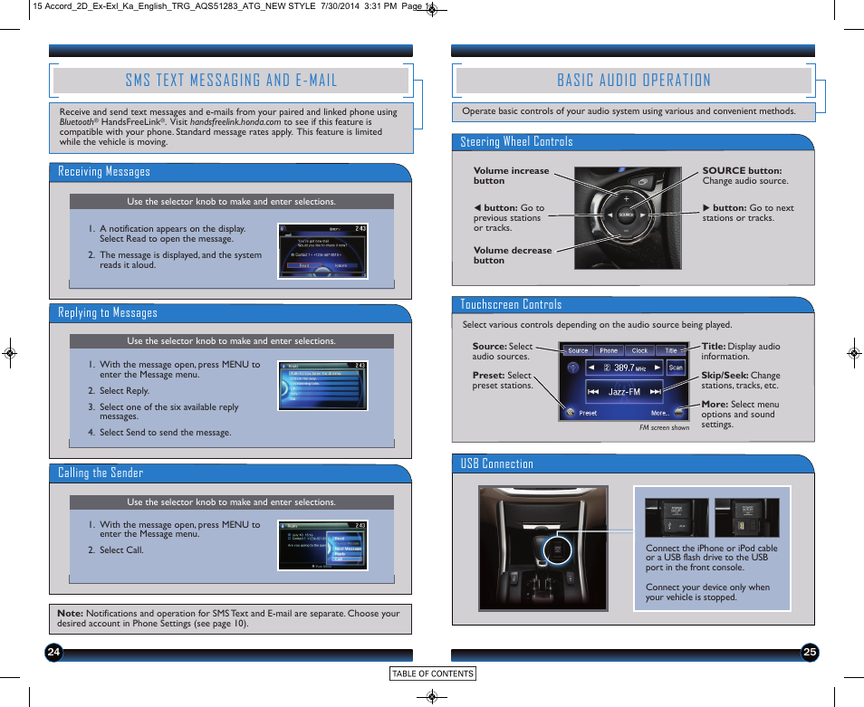 Sms text messaging and e-mail, Basic audio operation, Receiving messages | Replying to messages, Calling the sender, Steering wheel controls, Touchscreen controls, Usb connection | HONDA 2015 Accord Coupe (EX and EX-L) - Technology Reference Guide User Manual | Page 14 / 18