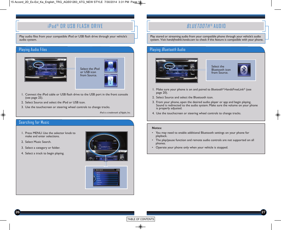 Ipod, Or usb flash drive, Bluetooth | Audio | HONDA 2015 Accord Coupe (EX and EX-L) - Technology Reference Guide User Manual | Page 15 / 18