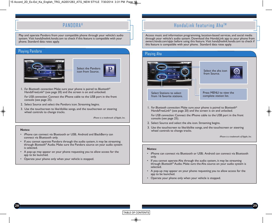 Pandora, Hondalink featuring aha, Playing pandora | Playing aha | HONDA 2015 Accord Coupe (EX and EX-L) - Technology Reference Guide User Manual | Page 16 / 18