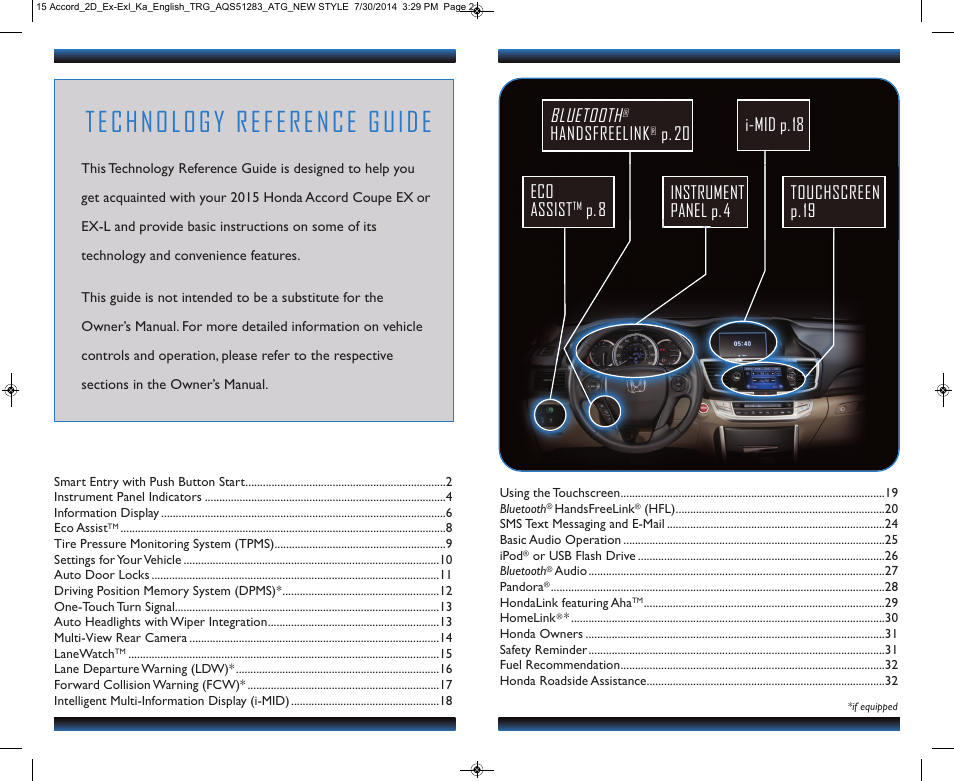 Technology reference guide, Touchscreen p.19 bluetooth, Handsfreelink | P.20 eco assist, P.8 instrument panel p.4, I-mid p.18 | HONDA 2015 Accord Coupe (EX and EX-L) - Technology Reference Guide User Manual | Page 2 / 18