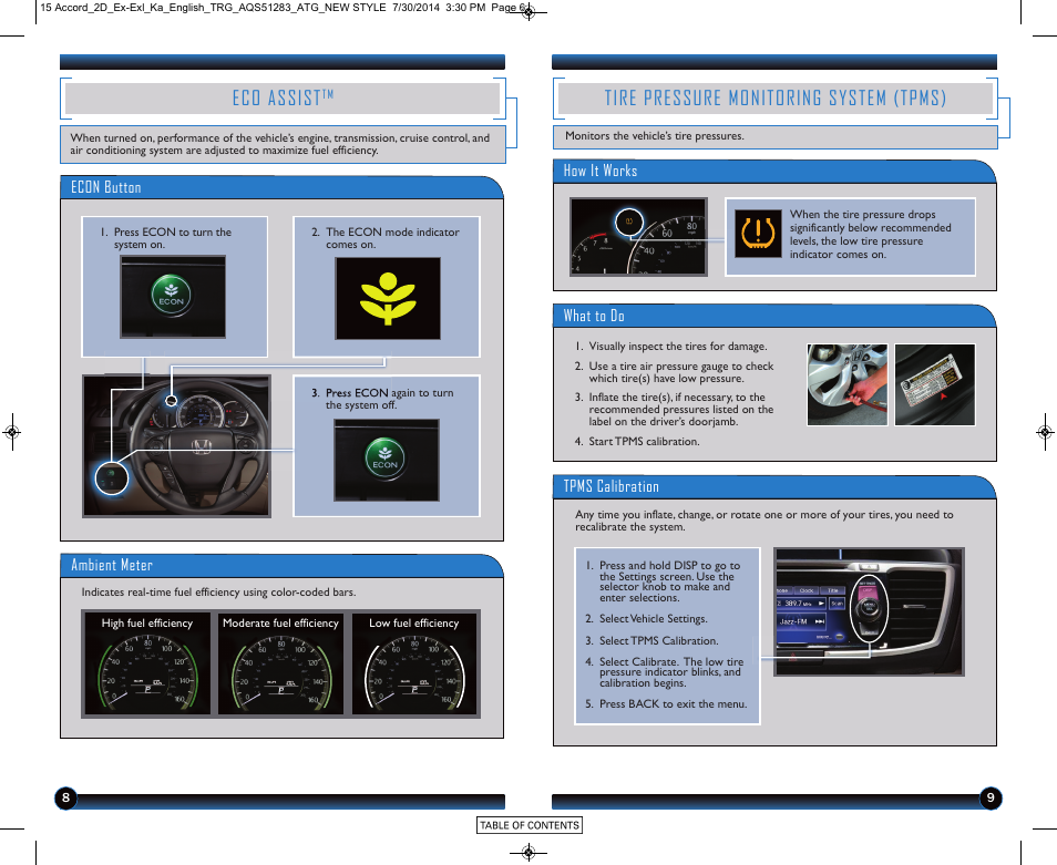 Eco assist, Tire pressure monitoring system (tpms) | HONDA 2015 Accord Coupe (EX and EX-L) - Technology Reference Guide User Manual | Page 6 / 18