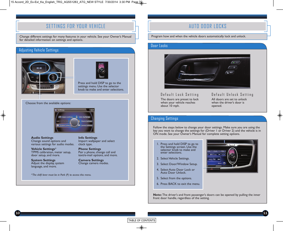 Settings for your vehicle, Auto door locks | HONDA 2015 Accord Coupe (EX and EX-L) - Technology Reference Guide User Manual | Page 7 / 18