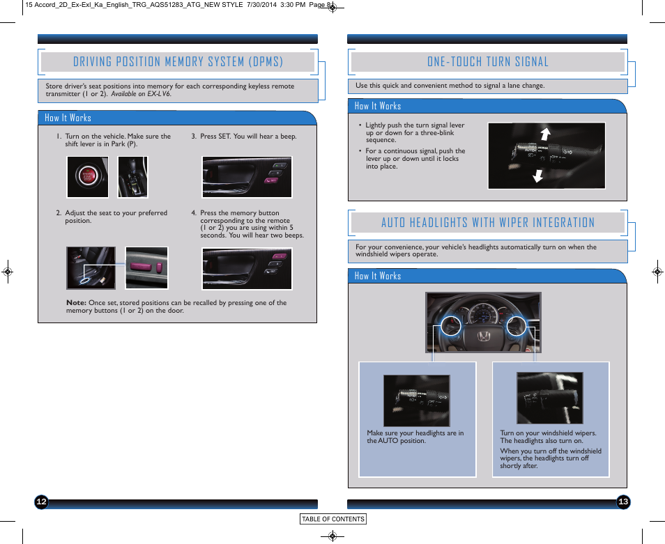 Driving position memory system (dpms), One-touch turn signal, Auto headlights with wiper integration | HONDA 2015 Accord Coupe (EX and EX-L) - Technology Reference Guide User Manual | Page 8 / 18
