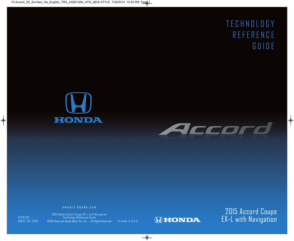HONDA 2015 Accord Coupe (EX-L with Navigation) - Technology Reference Guide User Manual | 22 pages