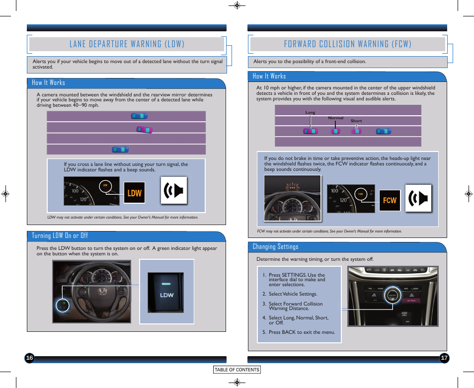 Lane departure warning (ldw), Forward collision warning (fcw) | HONDA 2015 Accord Coupe (EX-L with Navigation) - Technology Reference Guide User Manual | Page 10 / 22