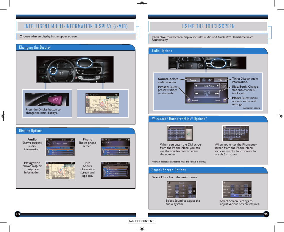 Intelligent multi-information display (i-mid), Using the touchscreen, Display options | Changing the display, Audio options bluetooth, Handsfreelink, Options* sound/screen options | HONDA 2015 Accord Coupe (EX-L with Navigation) - Technology Reference Guide User Manual | Page 11 / 22