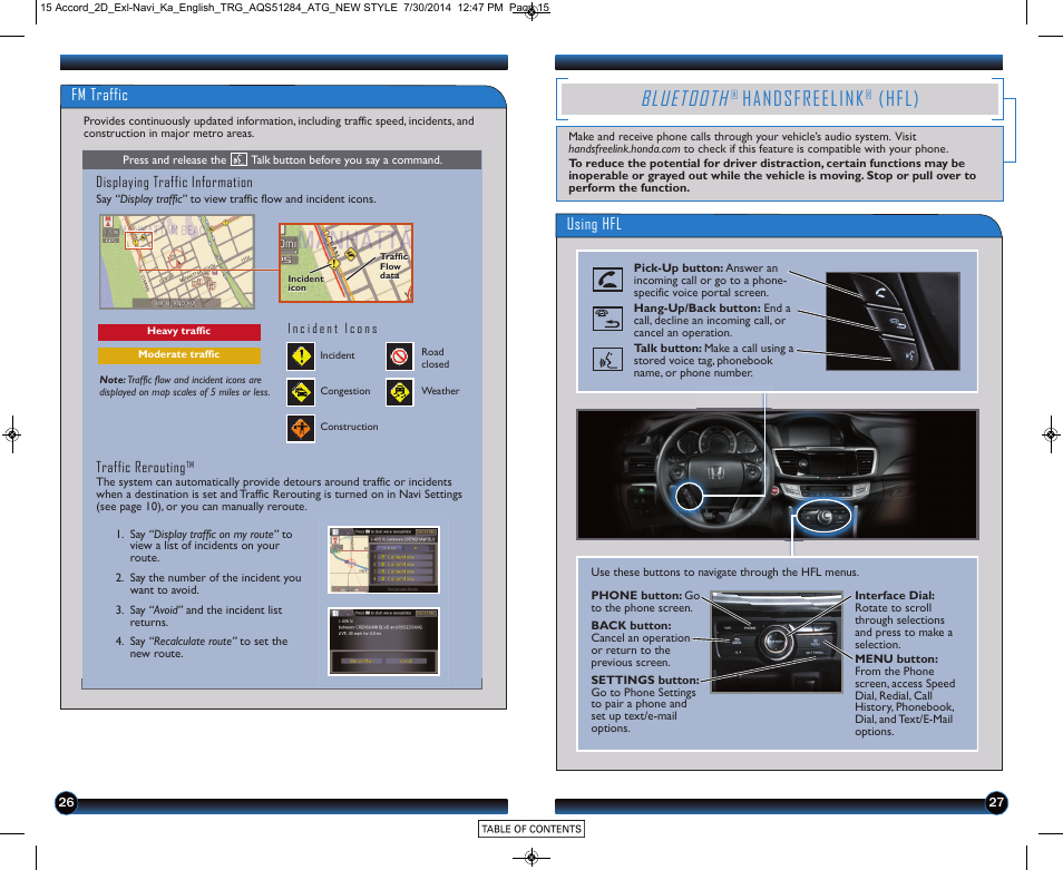 Bluetooth, Handsfreelink, Hfl) | Using hfl, Fm traffic | HONDA 2015 Accord Coupe (EX-L with Navigation) - Technology Reference Guide User Manual | Page 15 / 22