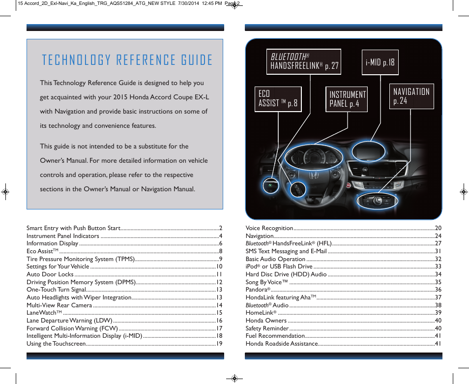 Technology reference guide, Navigation p. 24 bluetooth, Handsfreelink | P. 27 eco assist, P.8 instrument panel p.4, I-mid p.18 | HONDA 2015 Accord Coupe (EX-L with Navigation) - Technology Reference Guide User Manual | Page 2 / 22