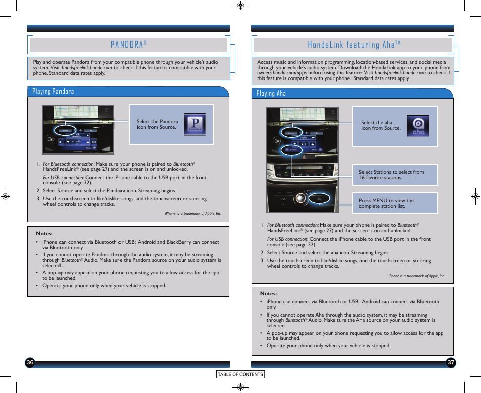 Pandora, Hondalink featuring aha, Playing pandora playing aha | HONDA 2015 Accord Coupe (EX-L with Navigation) - Technology Reference Guide User Manual | Page 20 / 22