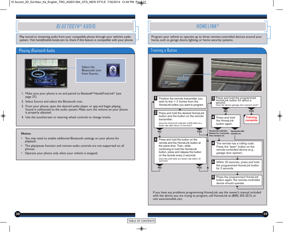 Bluetooth, Audio, Homelink | Playing bluetooth audio, Training a button | HONDA 2015 Accord Coupe (EX-L with Navigation) - Technology Reference Guide User Manual | Page 21 / 22