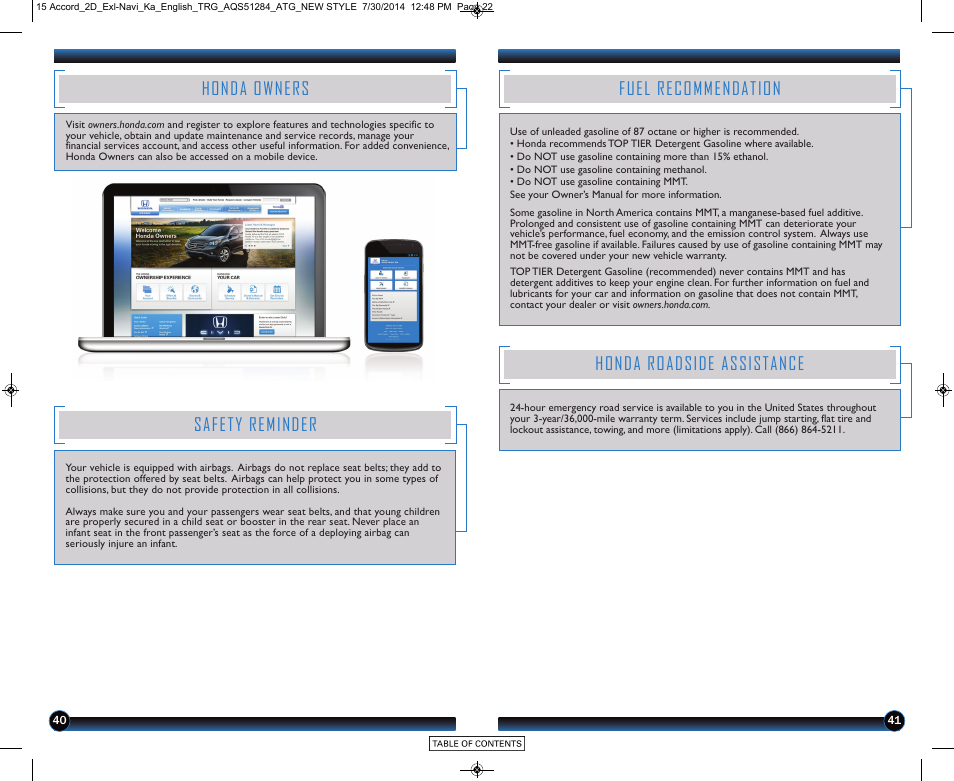 Honda owners, Safety reminder, Fuel recommendation | Honda roadside assistance | HONDA 2015 Accord Coupe (EX-L with Navigation) - Technology Reference Guide User Manual | Page 22 / 22