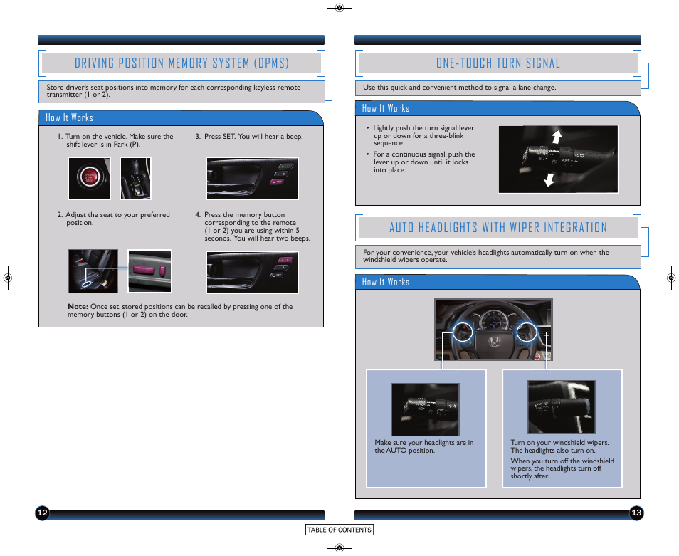 Driving position memory system (dpms), One-touch turn signal, Auto headlights with wiper integration | HONDA 2015 Accord Coupe (EX-L with Navigation) - Technology Reference Guide User Manual | Page 8 / 22