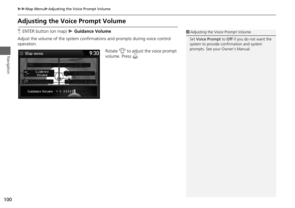 2 adjusting the voice prompt volume p. 100, Adjusting the voice prompt volume, 2 adjusting the voice prompt volume | P. 100 | HONDA 2015 Accord - Navigation Manual User Manual | Page 101 / 152