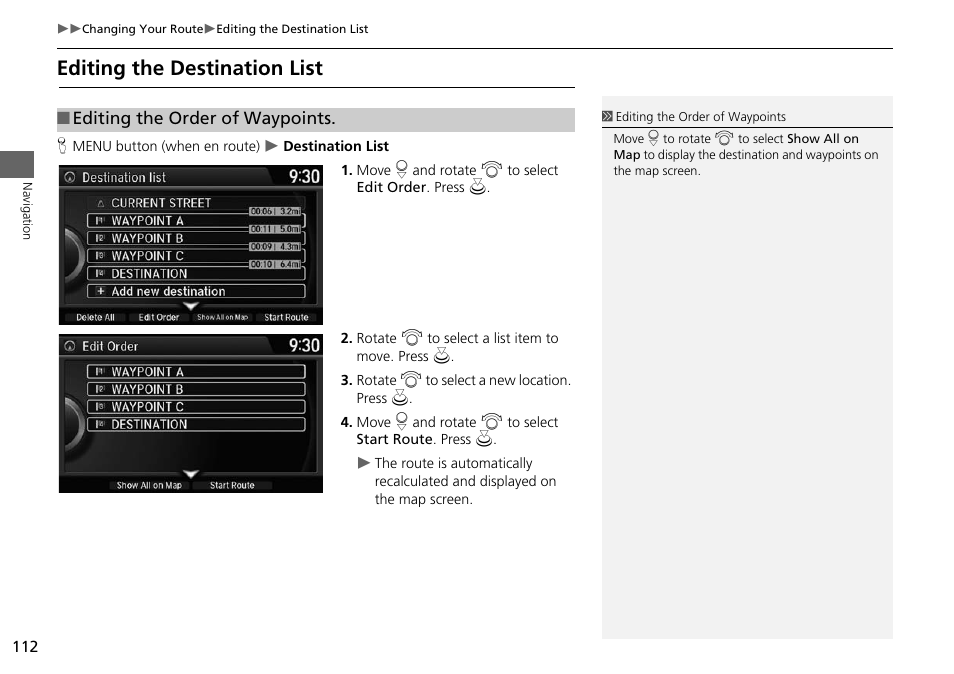 Editing the destination list, 2 editing the destination list, P. 112 | HONDA 2015 Accord - Navigation Manual User Manual | Page 113 / 152