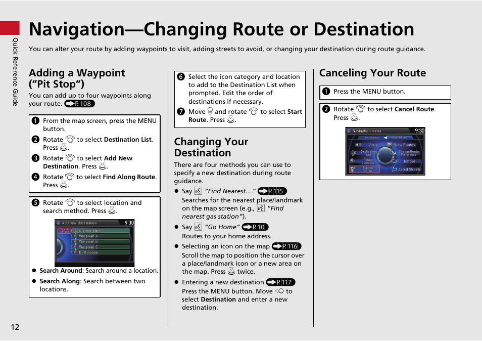 Navigation—changing route or destination, Adding a waypoint (“pit stop”), Changing your destination | Canceling your route | HONDA 2015 Accord - Navigation Manual User Manual | Page 13 / 152