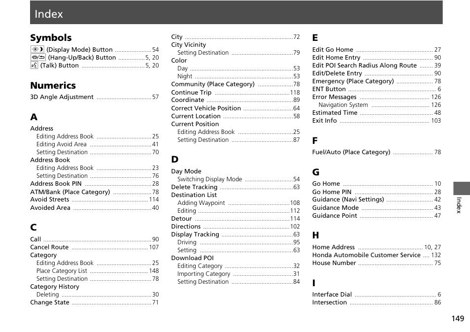 Index, P.149, Symbols | Numerics | HONDA 2015 Accord - Navigation Manual User Manual | Page 150 / 152