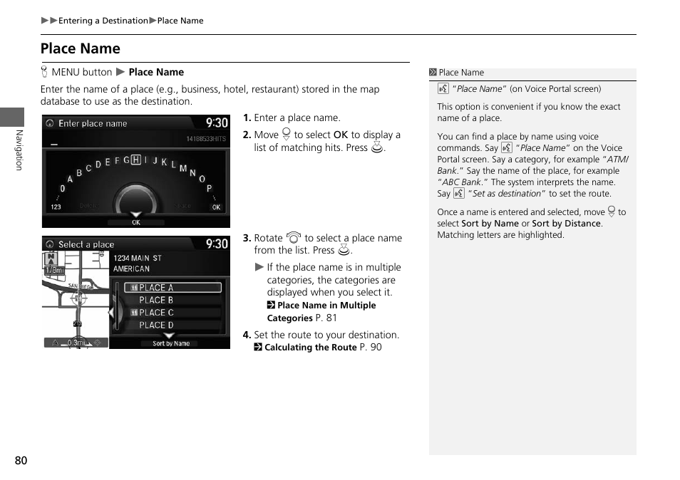 2 place name, P. 80, Place name | HONDA 2015 Accord - Navigation Manual User Manual | Page 81 / 152