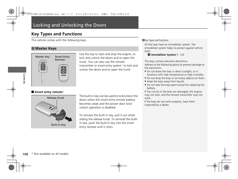 Locking and unlocking the doors p. 108, Locking and unlocking the doors, Key types and functions | HONDA 2015 Accord Sedan - Owner's Manual User Manual | Page 109 / 593