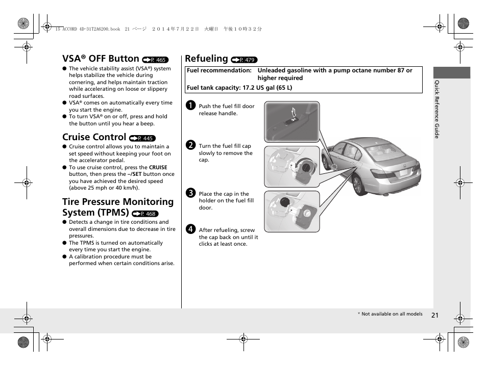 Vsa® off button, Cruise control, Tire pressure monitoring system (tpms) | Refueling | HONDA 2015 Accord Sedan - Owner's Manual User Manual | Page 22 / 593