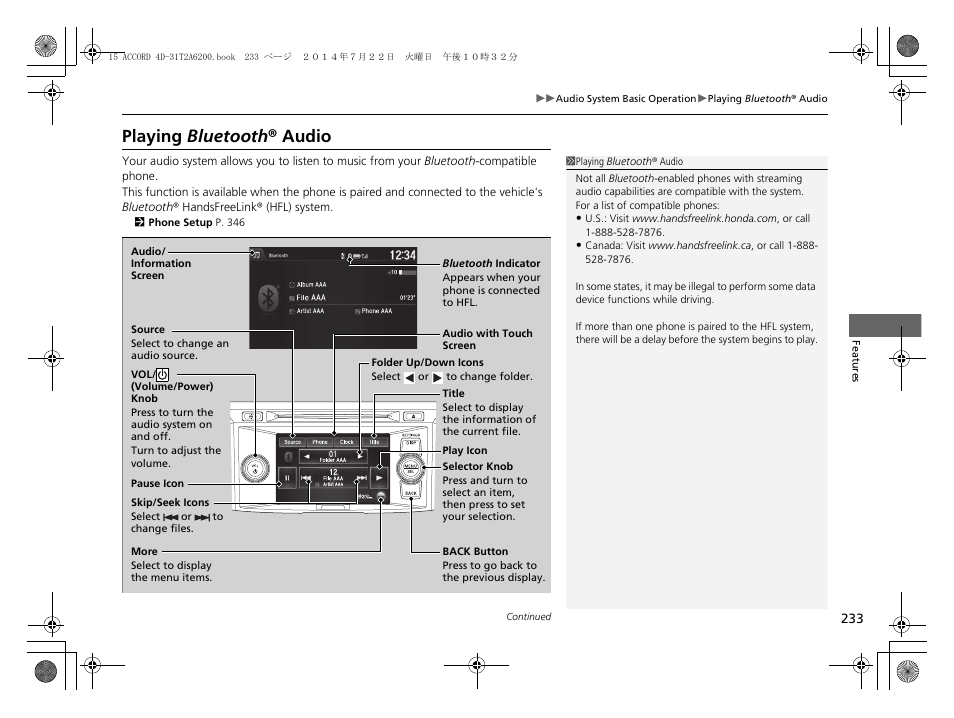 Playing bluetooth ® audio | HONDA 2015 Accord Sedan - Owner's Manual User Manual | Page 234 / 593