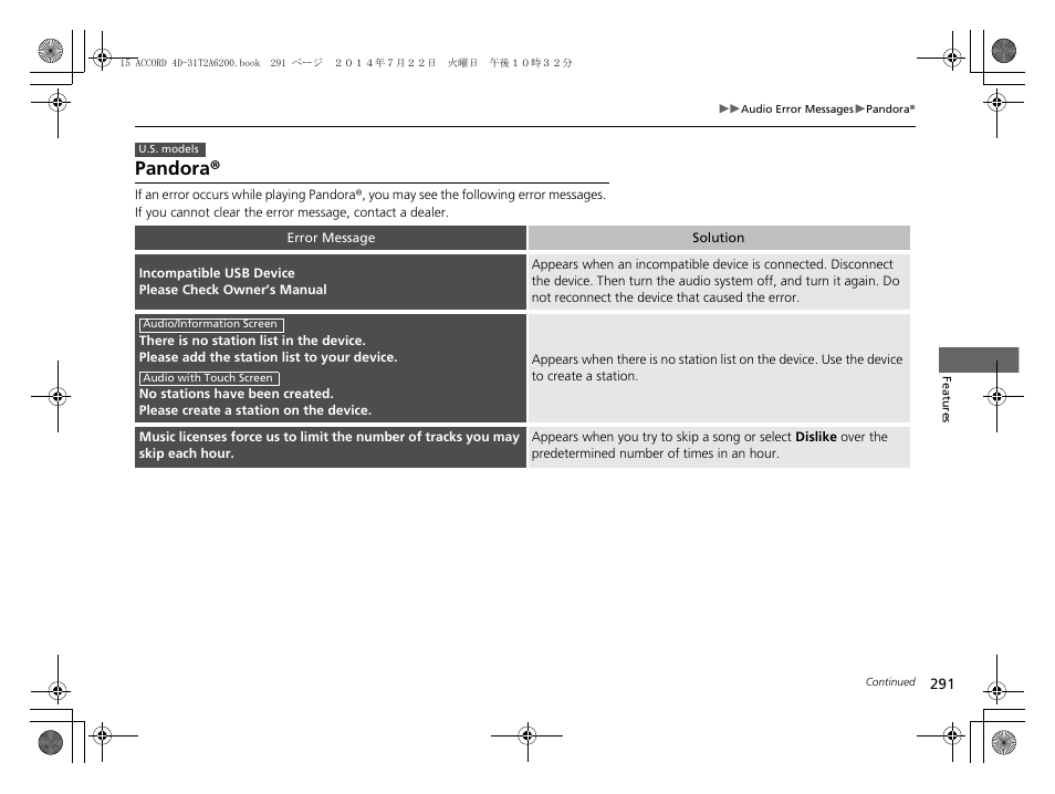 Pandora® p. 291, Pandora | HONDA 2015 Accord Sedan - Owner's Manual User Manual | Page 292 / 593