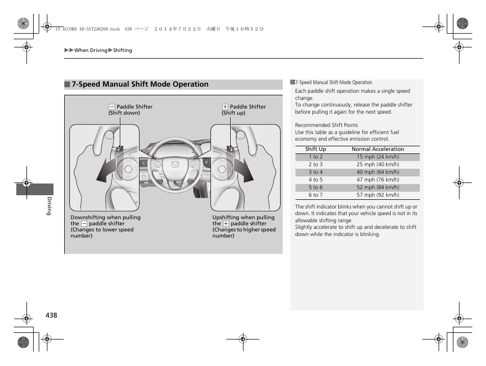 Speed manual shift mode operation | HONDA 2015 Accord Sedan - Owner's Manual User Manual | Page 439 / 593