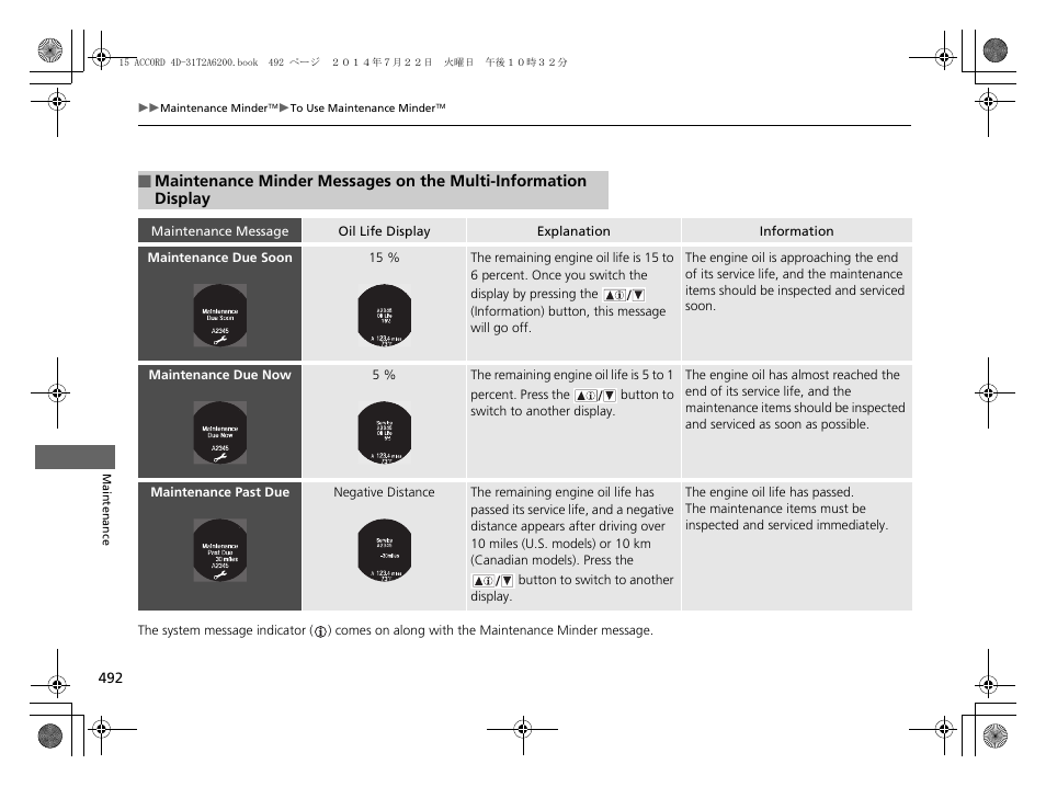 Maintenance minder messages on the multi, Information display | HONDA 2015 Accord Sedan - Owner's Manual User Manual | Page 493 / 593