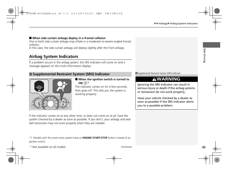 Airbag system indicators, Warning | HONDA 2015 Accord Sedan - Owner's Manual User Manual | Page 50 / 593