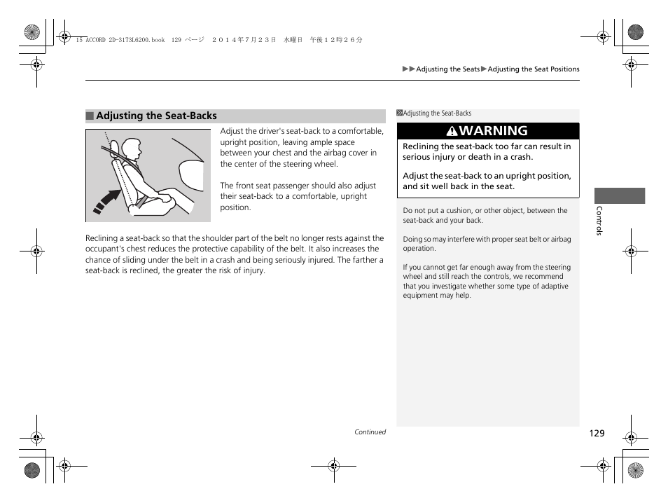 Warning | HONDA 2015 Accord Coupe - Owner's Manual User Manual | Page 130 / 557