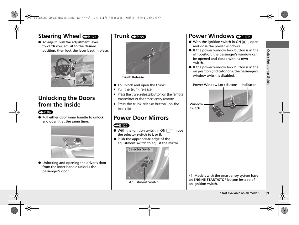 Steering wheel, Unlocking the doors from the inside, Trunk | Power door mirrors, Power windows | HONDA 2015 Accord Coupe - Owner's Manual User Manual | Page 14 / 557