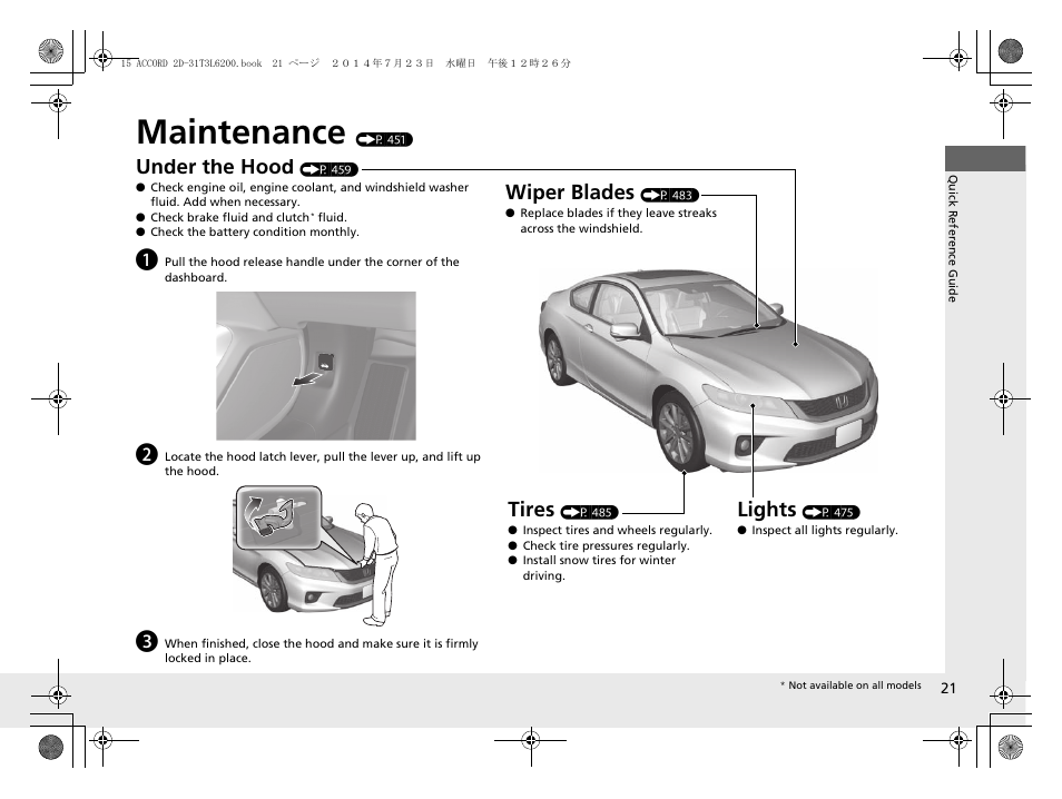 Maintenance (p 451), Maintenance, Under the hood | Lights, Wiper blades, Tires | HONDA 2015 Accord Coupe - Owner's Manual User Manual | Page 22 / 557