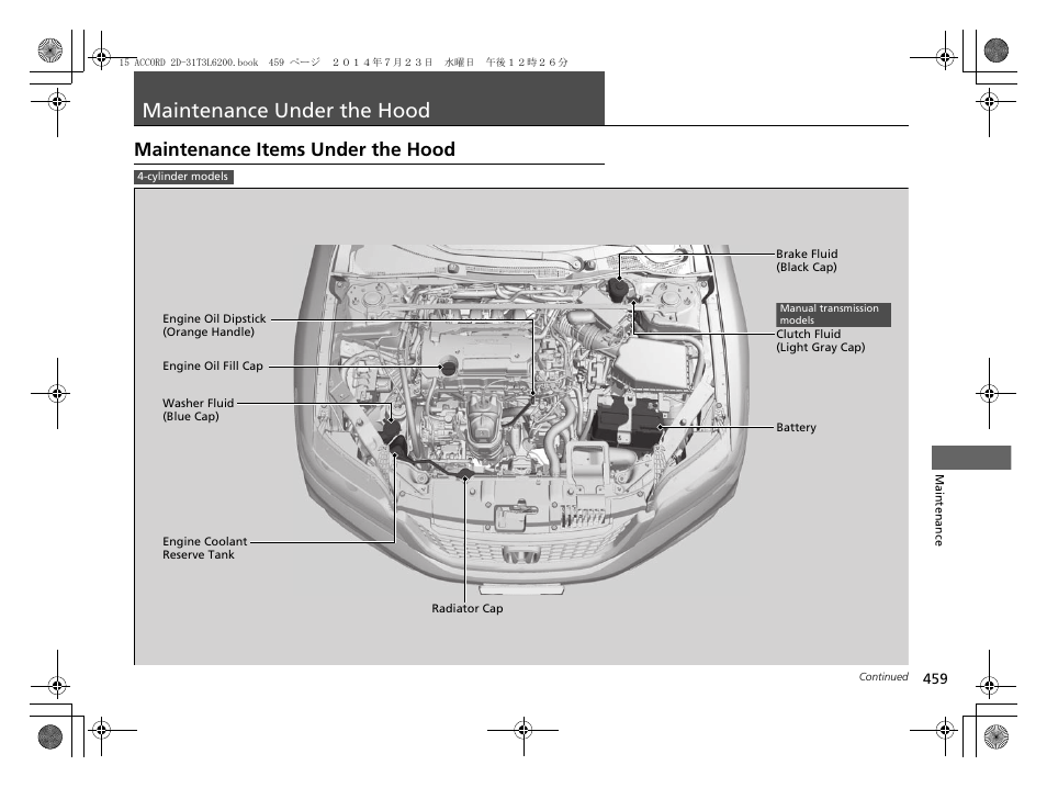 Maintenance under the hood, P 459), Maintenance items under the hood | HONDA 2015 Accord Coupe - Owner's Manual User Manual | Page 460 / 557