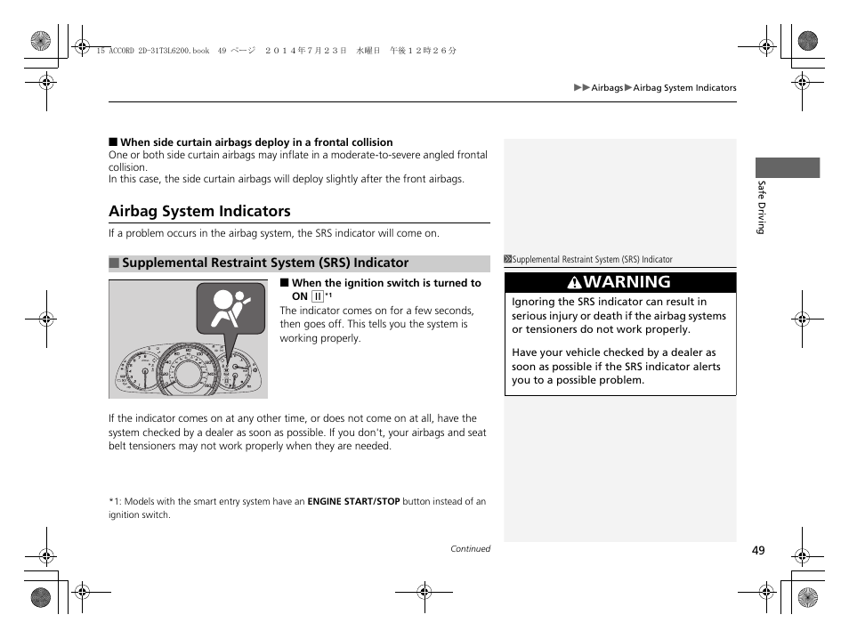 Airbag system indicators, Warning | HONDA 2015 Accord Coupe - Owner's Manual User Manual | Page 50 / 557