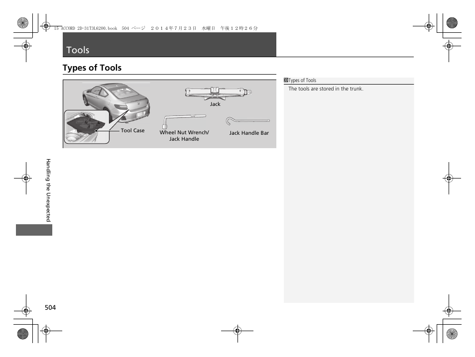 Tools, Types of tools | HONDA 2015 Accord Coupe - Owner's Manual User Manual | Page 505 / 557