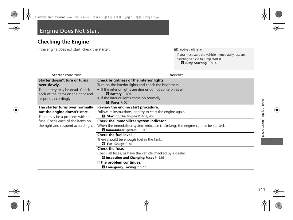 Engine does not start p, P 511), Engine does not start | Checking the engine | HONDA 2015 Accord Coupe - Owner's Manual User Manual | Page 512 / 557