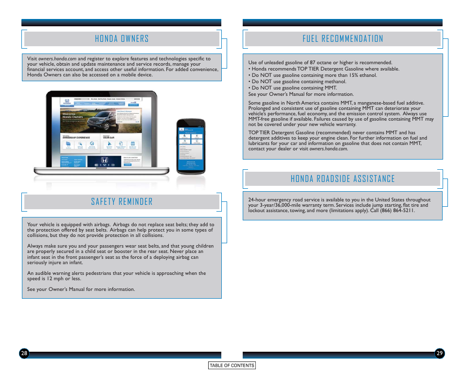 Honda owners, Safety reminder, Fuel recommendation | Honda roadside assistance | HONDA 2015 Accord Hybrid (Base) - Technology Reference Guide User Manual | Page 16 / 16