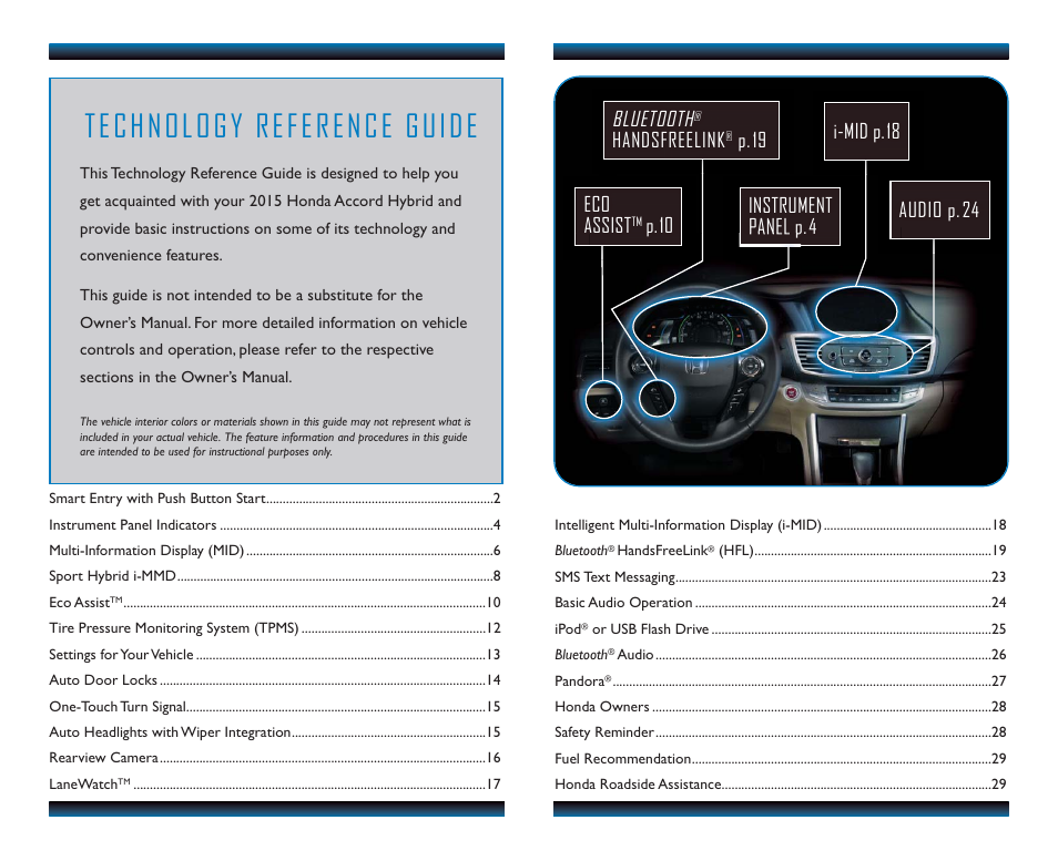Audio p. 24 bluetooth, Handsfreelink, P. 19 eco assist | P. 10 instrument panel p. 4, I-mid p. 18 | HONDA 2015 Accord Hybrid (Base) - Technology Reference Guide User Manual | Page 2 / 16